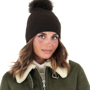 <b> DAISY </b> Cappello donna in lana marrone con pompon in pelliccia