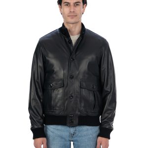 <b> RALPH </b> Bomber con bottoni e zip da uomo in vera pelle nero imbottito