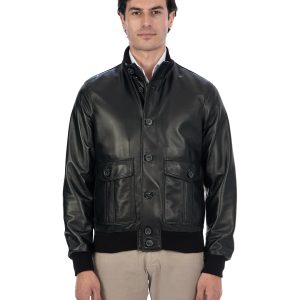 <b> OLIVER </b> Bomber con bottoni da uomo in vera pelle nero