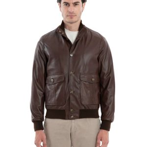 <b> OLIVER </b> Bomber con bottoni da uomo in vera pelle marrone effetto tamponato