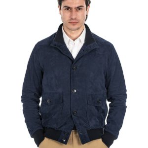 <b> OLIVER </b> Bomber con bottoni da uomo in vera pelle scamosciata blu notte