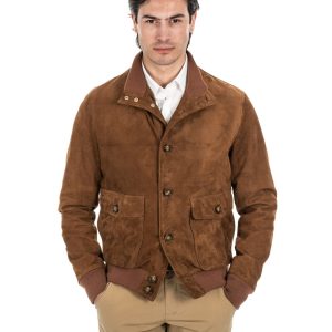 <b> OLIVER </b> Bomber con bottoni da uomo in vera pelle scamosciata cuoio