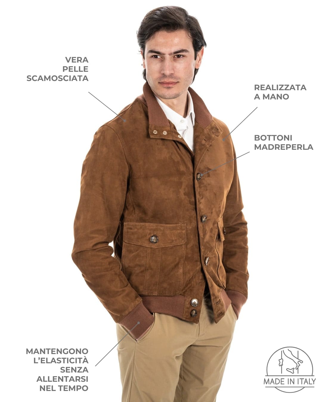 <b> OLIVER </b> Bomber con bottoni da uomo in vera pelle scamosciata cuoio - immagine 3