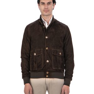 <b> OLIVER </b> Bomber con bottoni da uomo in vera pelle scamosciata T.Moro