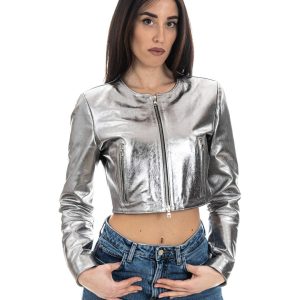 <b> ISABEL </b> Giacca corta da donna in vera pelle laminata argento