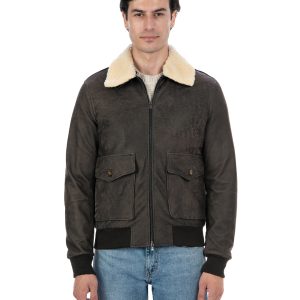<b> OSCAR SH </b> Bomber Collo Camicia da uomo in vera pelle marrone effetto invecchiato