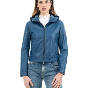 <b> MORENA </b> Giacca con cappuccio da donna in vera pelle blu