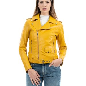 <b> JULIA </b> Giacca Chiodo con cintura da donna in vera pelle ocra