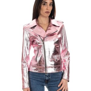 <b> CATHERINE </b> Giacca Chiodo da donna in vera pelle laminata rosa