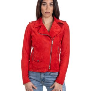 <b> GEORGIA </b> Giacca Chiodo da donna in vera pelle scamosciata rosso